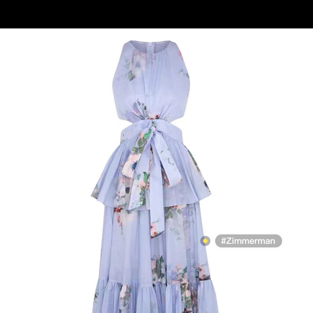 Zimmermann Blue Floral Cutout Maxi Dress Tie Waist Tiered Size 0 (US 2) - Picture 2 of 14